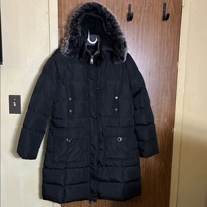 Black Puffer Coat with Faux Fur Hood